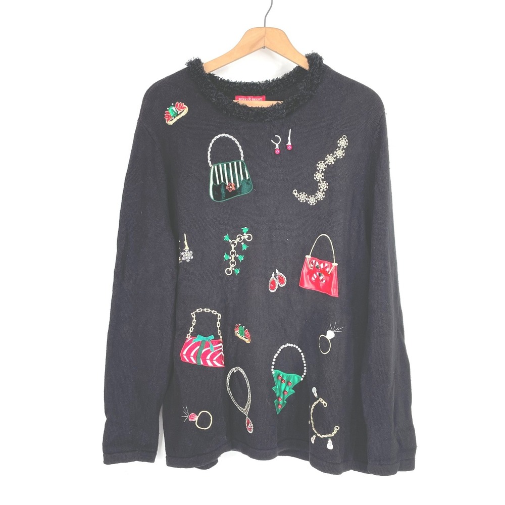 Christmas Merry & Bright Women Sweater XL Pullover Black Holiday Jewelry Charms